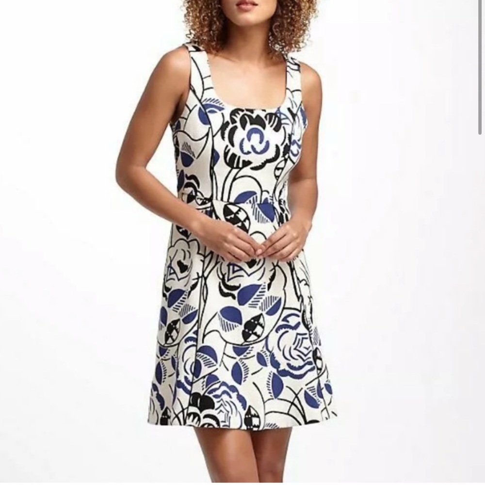 Anthropologie Blue and Black Vanessa Virginia Ink Blooms Floral Dress